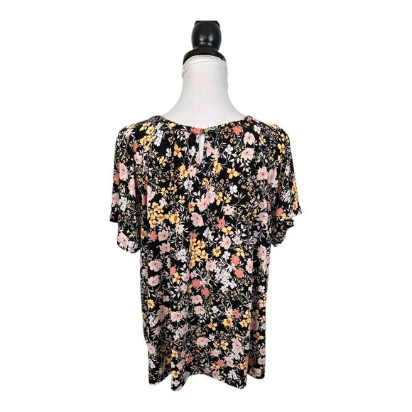 Liz Claiborne Blouse Size OX Black Floral Slinky Keyhole Pleated Front Work Top - Picture 8 of 11